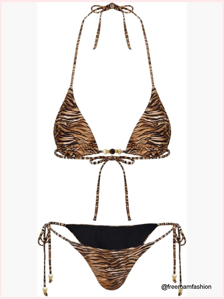 2 Piece Zebra Striped Bikini Set Halter Triangle Swimsuit Tie Side